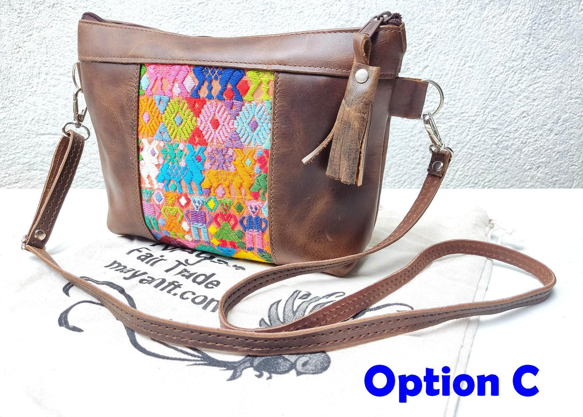 Aesthetic Woman Guatemalan Leather Huipil CROSSBODY Wristlet CLUTCH PURSE - 100% Cotton Lining Purse