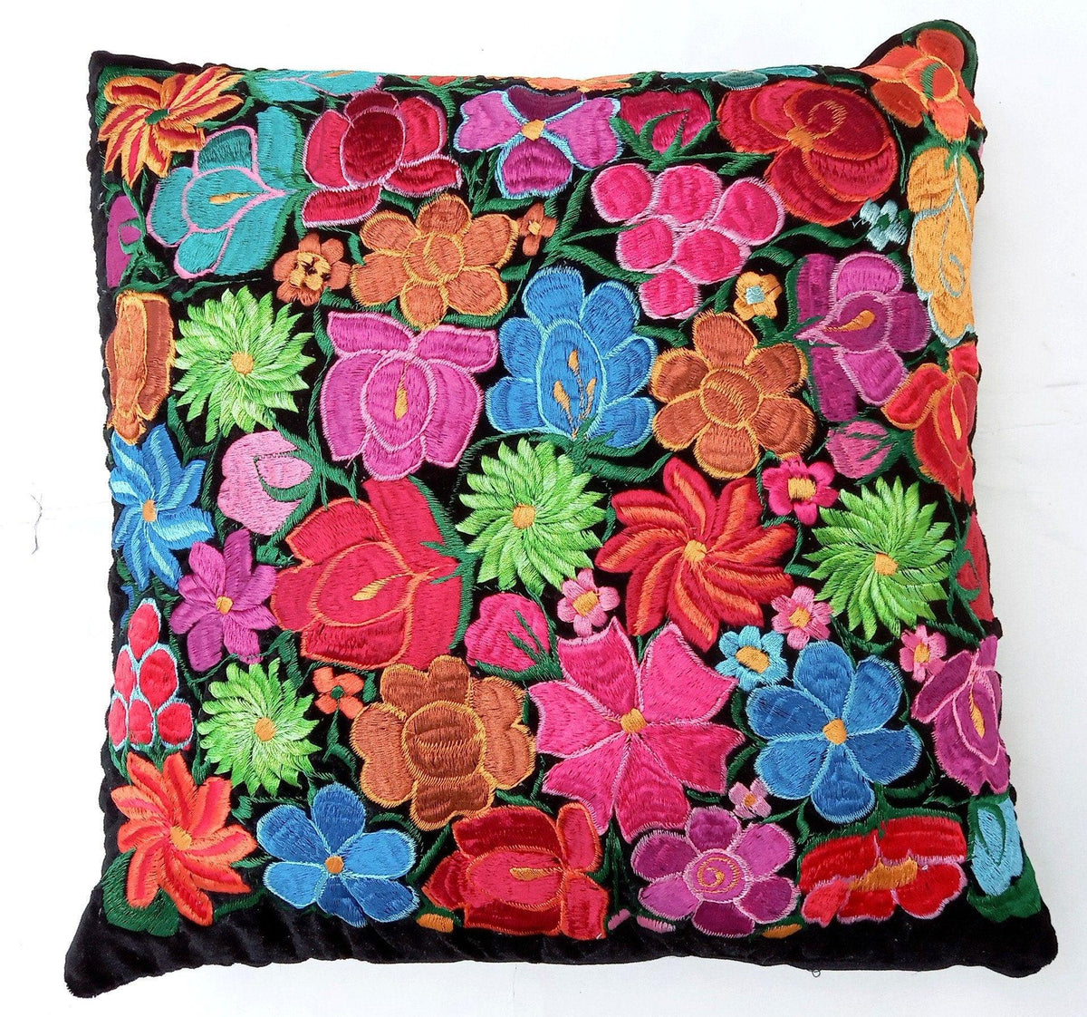 Velvet Guatemala embroidery - Floral- huipil pillow case cushion cover 18x18 16x16 17x17 14x18