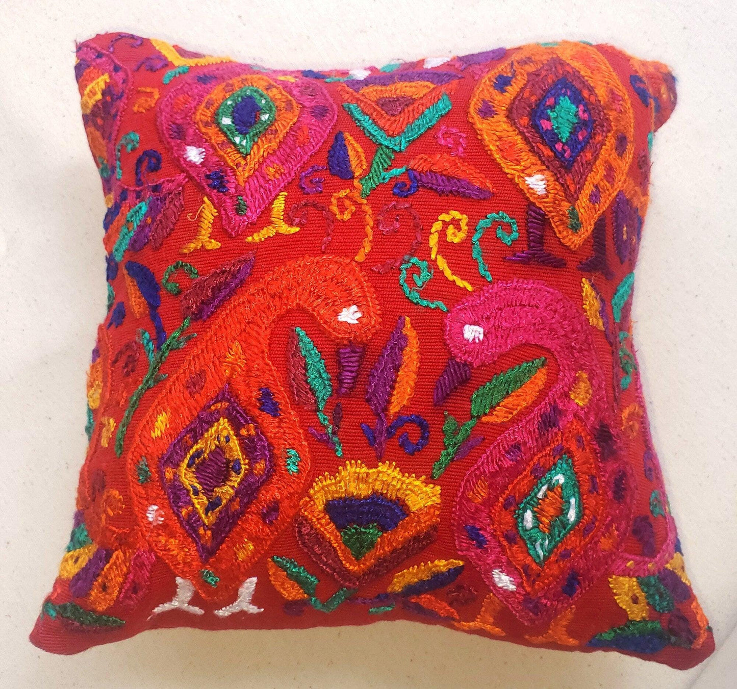 MINI Guatemala Hand Embroidery -Peacock Family- Pillow Cushion 8x8 - INSERT INCLUDED