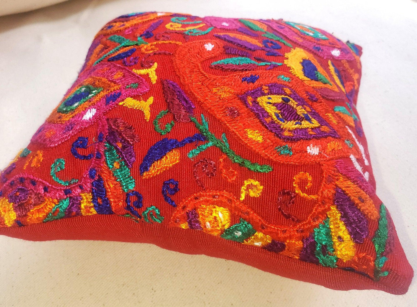 MINI Guatemala Hand Embroidery -Peacock Family- Pillow Cushion 8x8 - INSERT INCLUDED