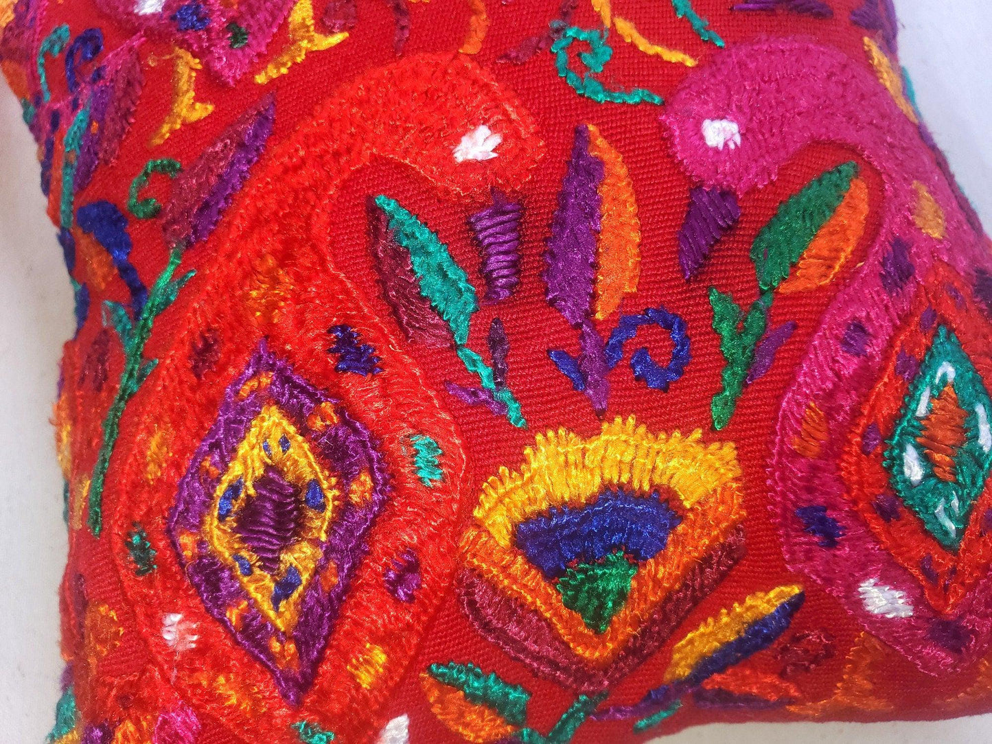 MINI Guatemala Hand Embroidery -Peacock Family- Pillow Cushion 8x8 - INSERT INCLUDED