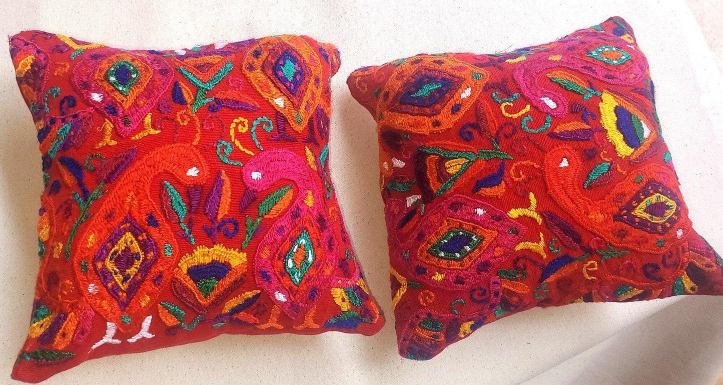 MINI Guatemala Hand Embroidery -Peacock Family- Pillow Cushion 8x8 - INSERT INCLUDED