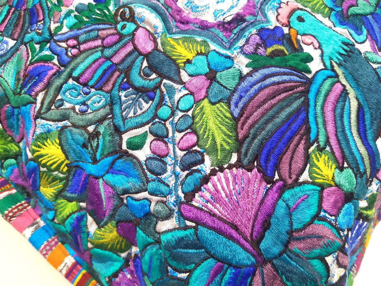 Guatemalan upcycled huipil pillow case cushion cover 19x19 inches -Butterflies, Rosters and floral