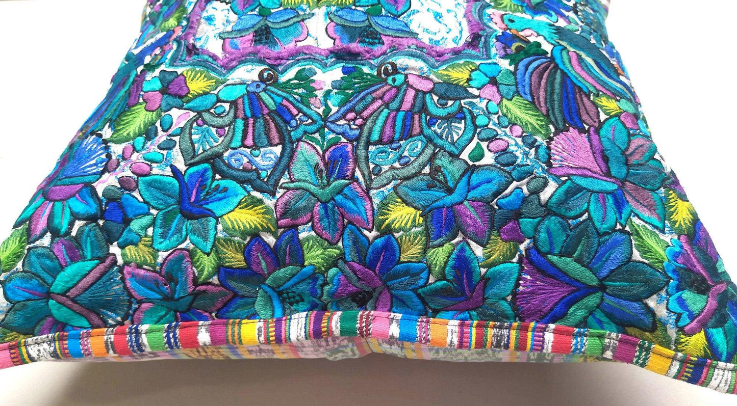 Guatemalan upcycled huipil pillow case cushion cover 19x19 inches -Butterflies, Rosters and floral