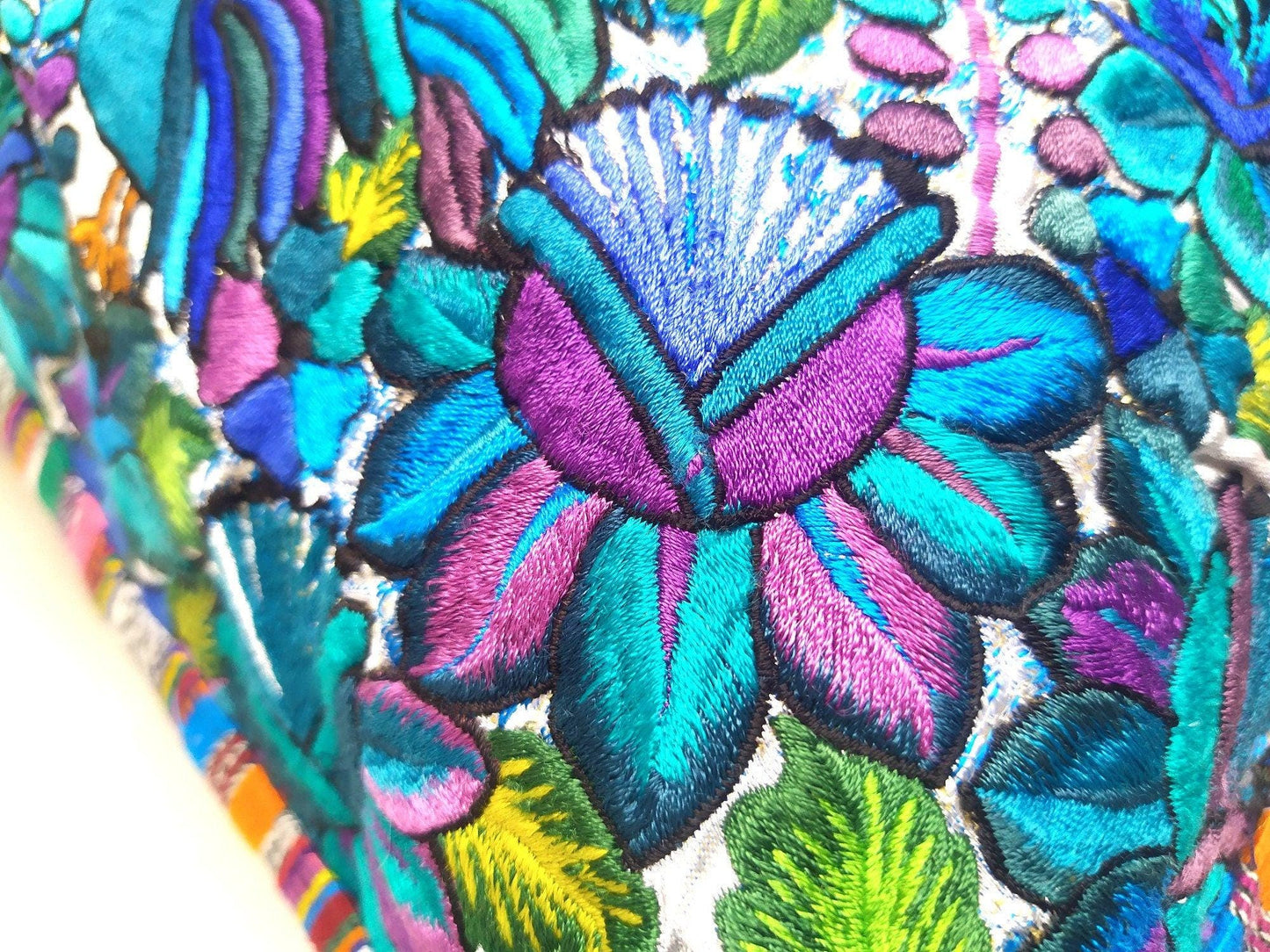 Guatemalan upcycled huipil pillow case cushion cover 19x19 inches -Butterflies, Rosters and floral