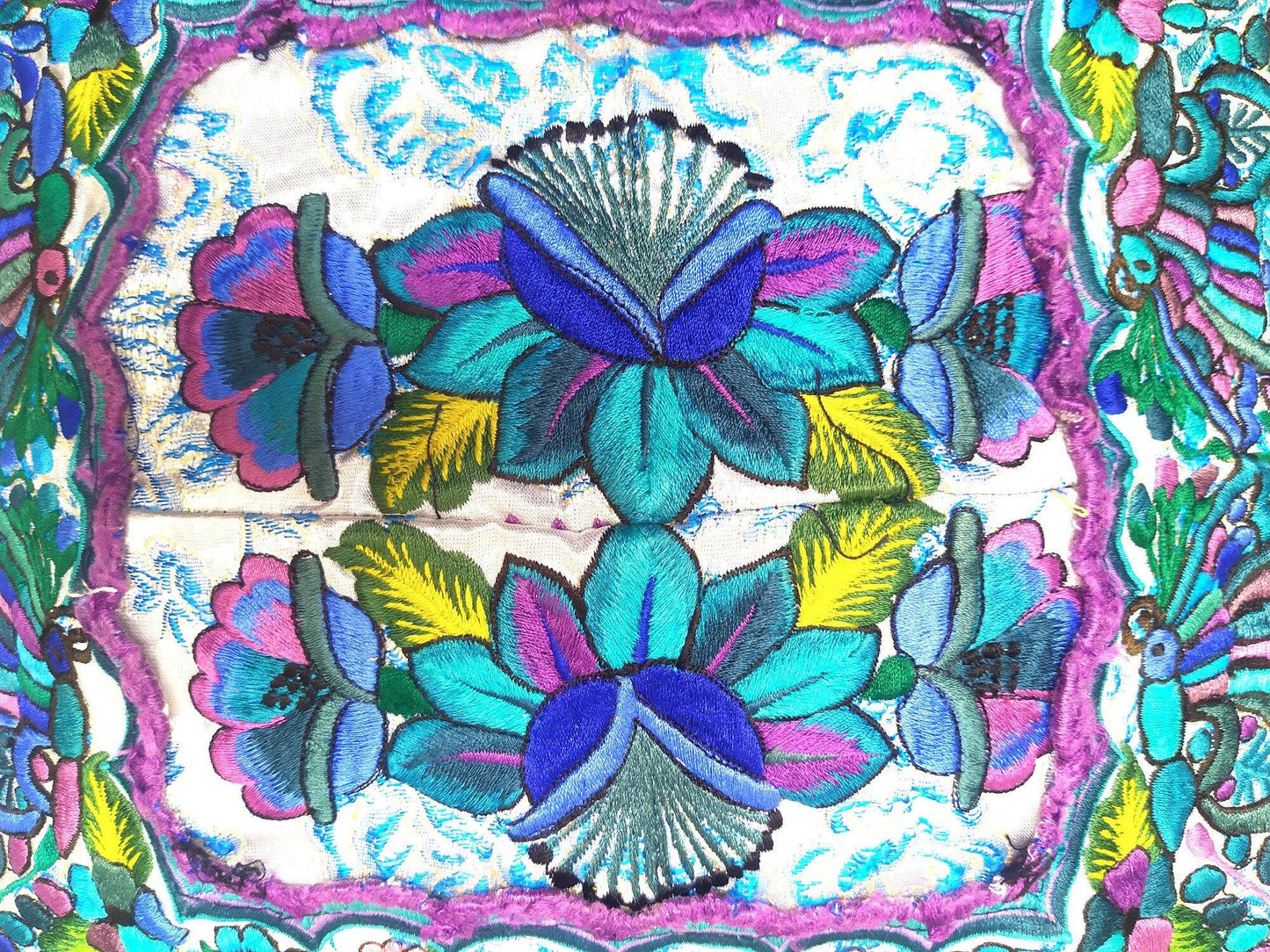 Guatemalan upcycled huipil pillow case cushion cover 19x19 inches -Butterflies, Rosters and floral