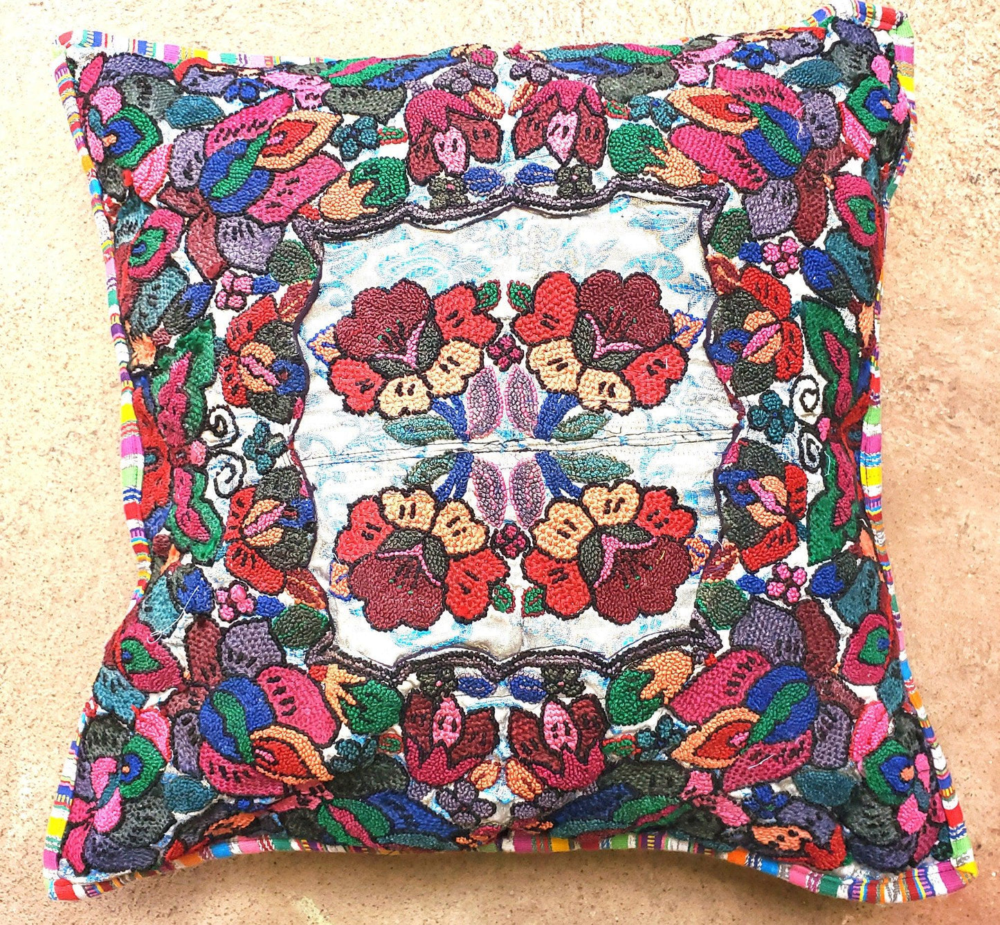 Guatemalan upcycled huipil pillow case cushion cover 19x19 inches -Butterfly and floral