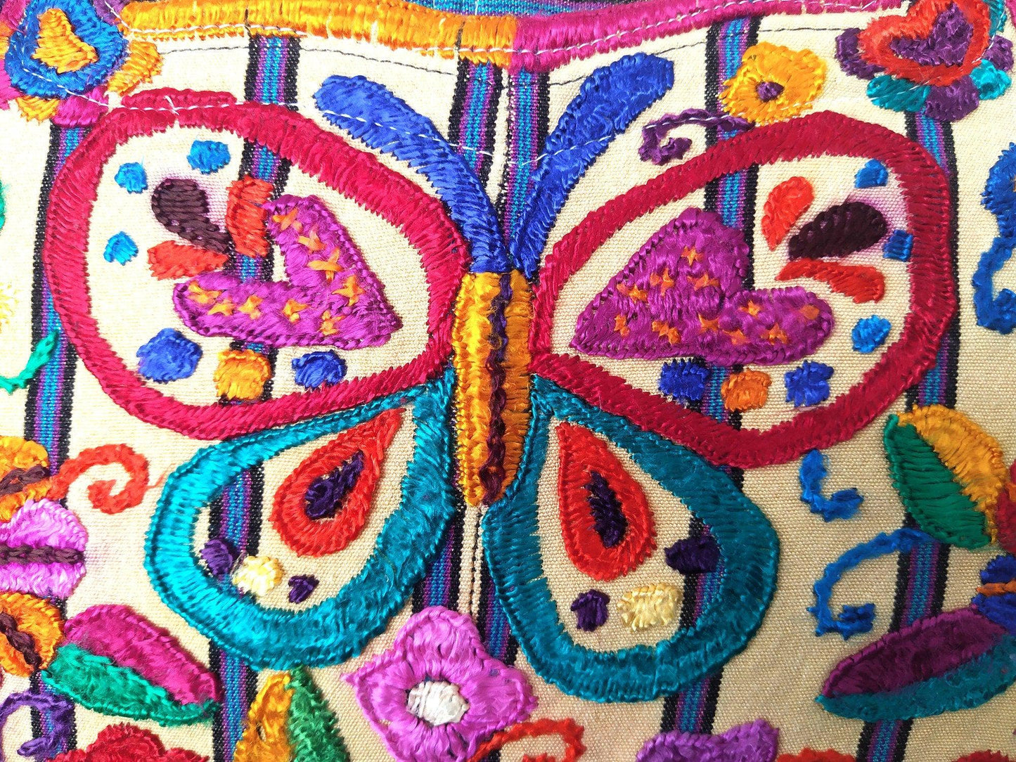 Cotton Guatemala Hand Embroidery -BUTTERFLY & Floral- Huipil PILLOW Case Cushion Cover