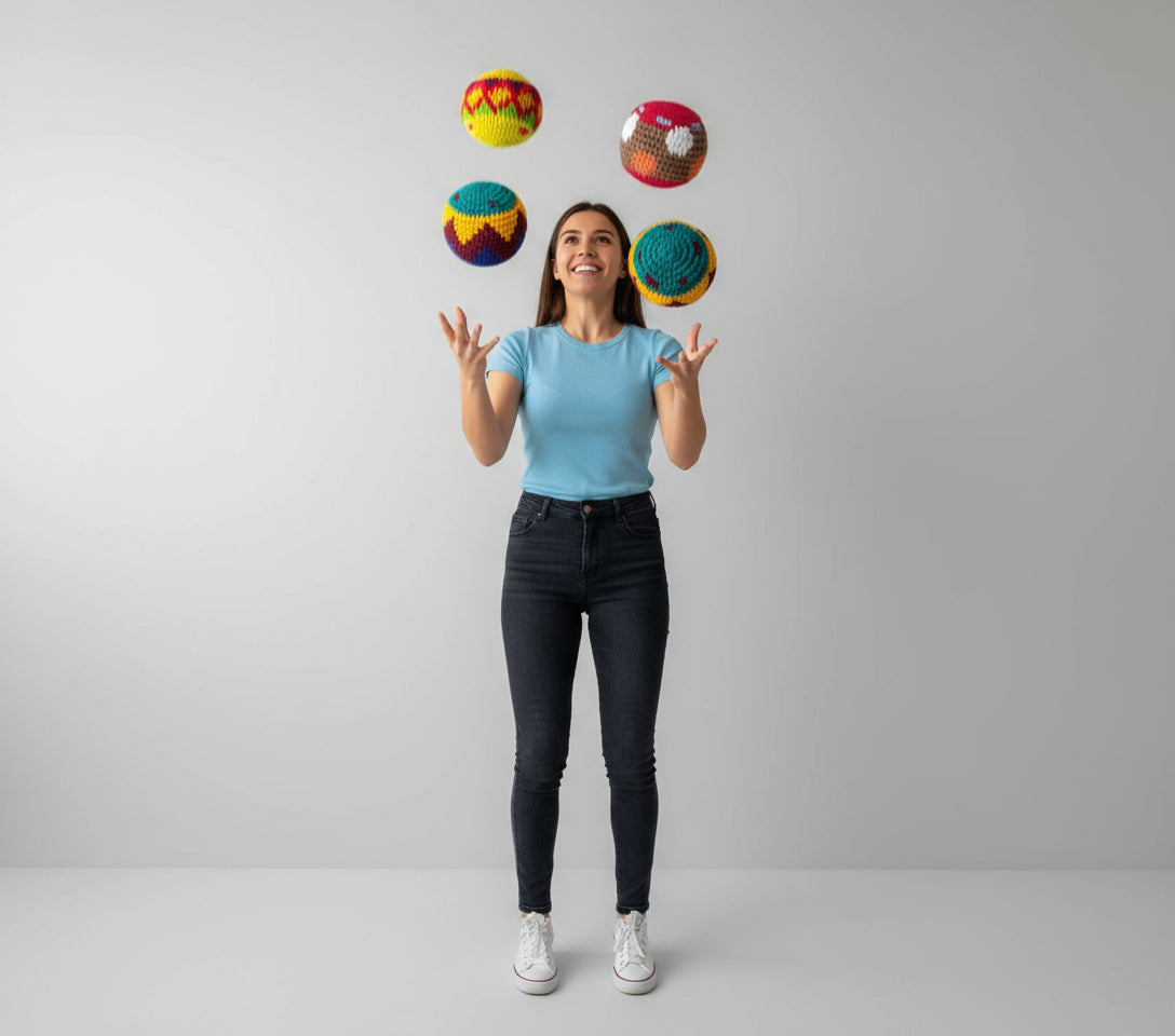 Mandmade Cotton Hacky Sacks, Multicolor Crocheted Juggling Balls with Storage Bag, 2.4 Inch, 35g, Pack of 4