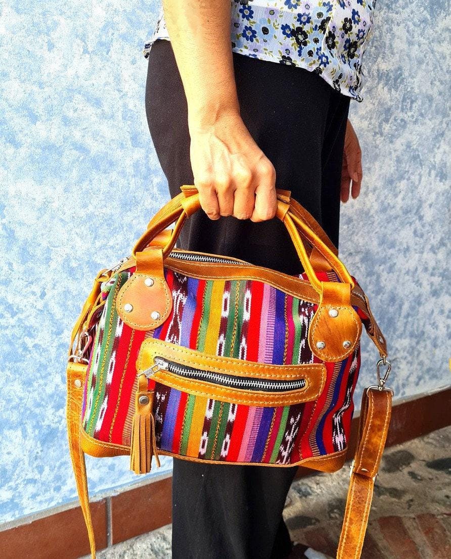 Crossbody shoulder day bag genuine Tan leather color combined with a vibrant Guatemalan pattern