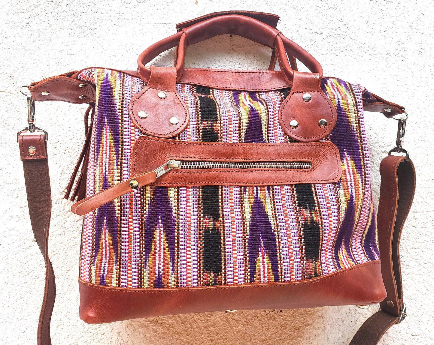 Crossbody shoulder day bag genuine Tan leather color combined with a vibrant Guatemalan pattern