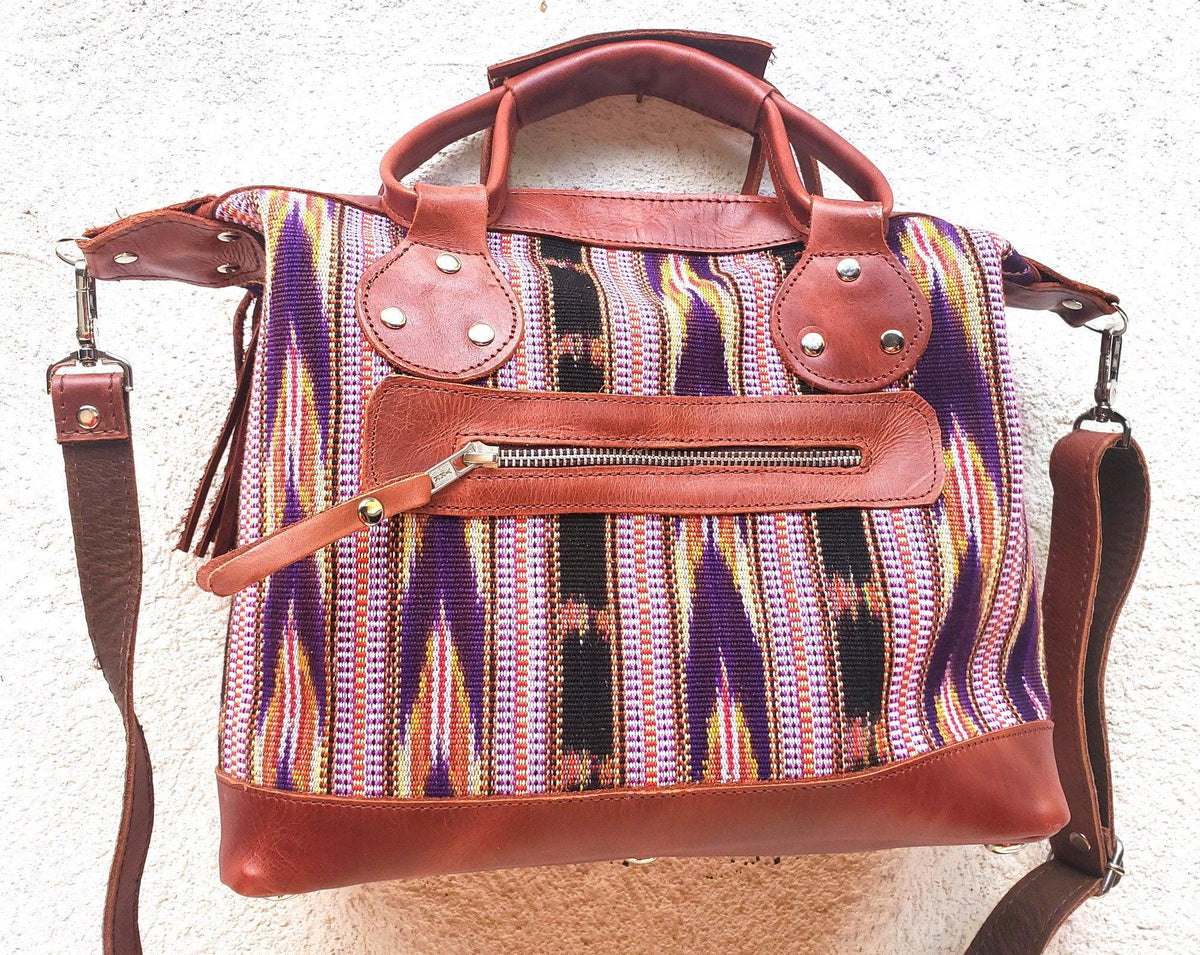 Crossbody shoulder day bag genuine Tan leather color combined with a vibrant Guatemalan pattern