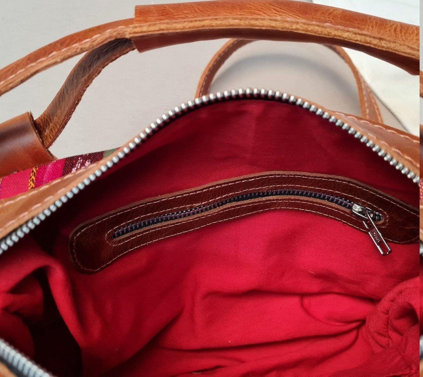Crossbody shoulder day bag genuine Tan leather color combined with a vibrant Guatemalan pattern