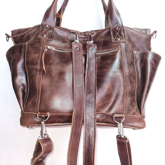 Dark Brown Genuine LEATHER CONVERTIBLE BACKPACK Bag - Aesthetic Full Grain Leather Handles cross body And Handbags