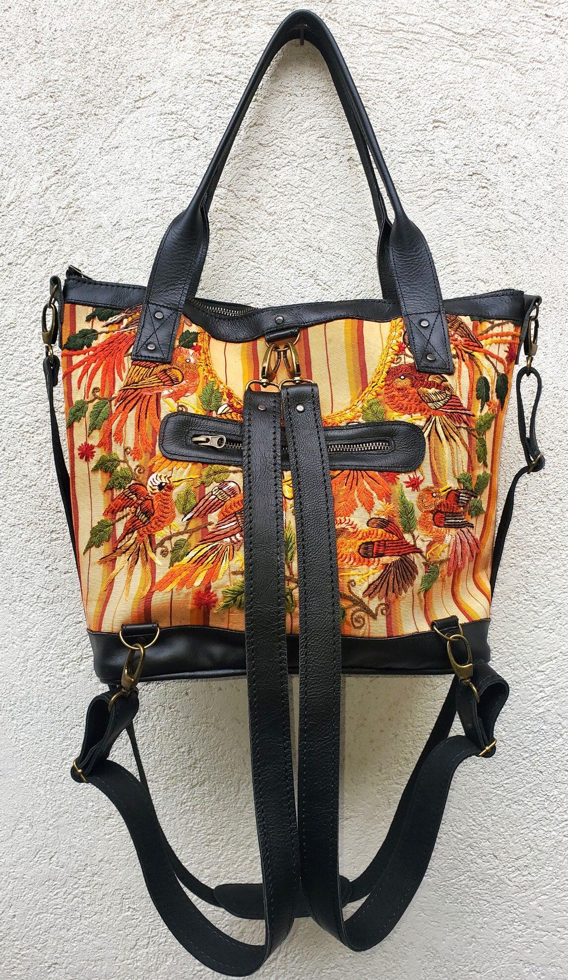Convertible backpack crossbody day bag / diaper purse genuine soft black leather / Santiago huipil patterned