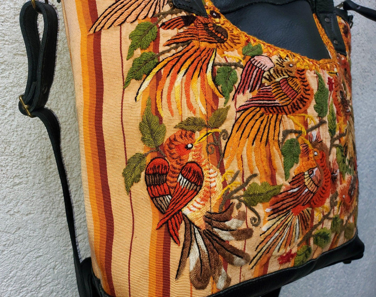 Convertible backpack crossbody day bag / diaper purse genuine soft black leather / Santiago huipil patterned