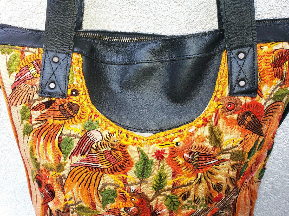 Convertible backpack crossbody day bag / diaper purse genuine soft black leather / Santiago huipil patterned