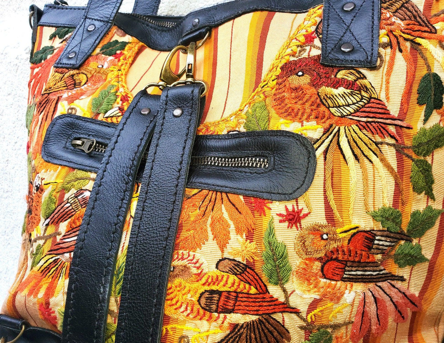Convertible backpack crossbody day bag / diaper purse genuine soft black leather / Santiago huipil patterned