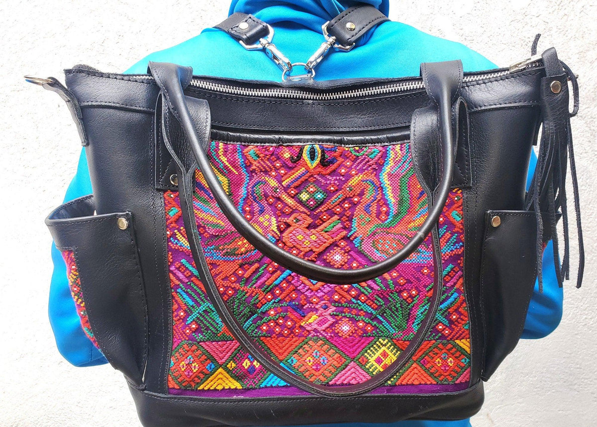 Convertible backpack crossbody day bag diaper purse genuine soft black leather huipil detail