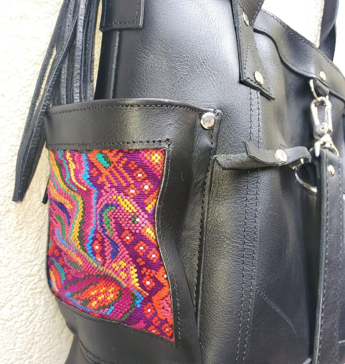 Convertible backpack crossbody day bag diaper purse genuine soft black leather huipil detail