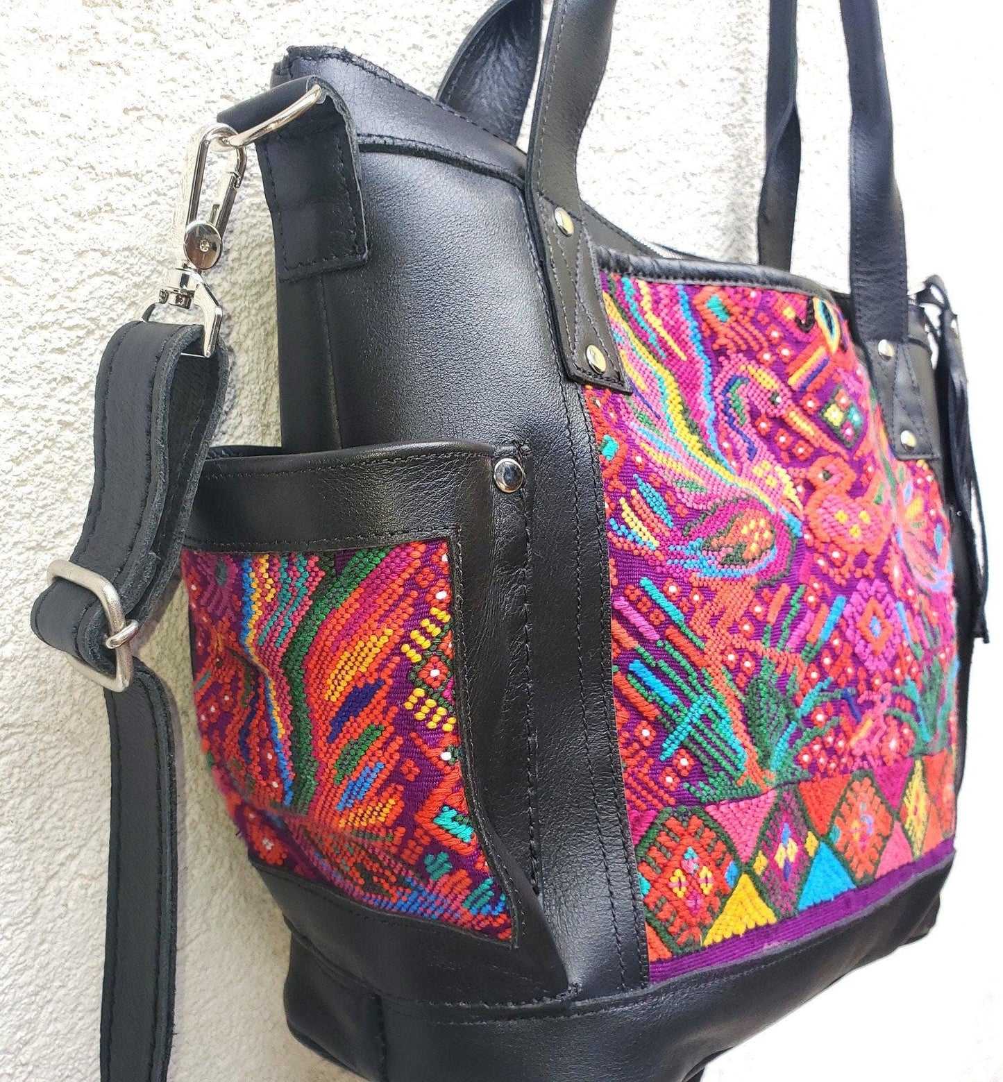 Convertible backpack crossbody day bag diaper purse genuine soft black leather huipil detail