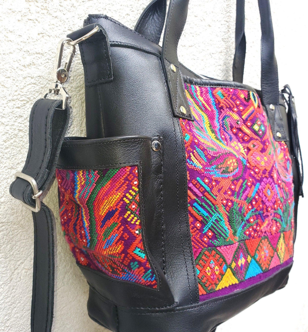 Convertible backpack crossbody day bag diaper purse genuine soft black leather huipil detail