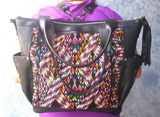 Matching set Convertible backpack crossbody day bag diaper wristlet purse strap genuine soft black leather huipil detail