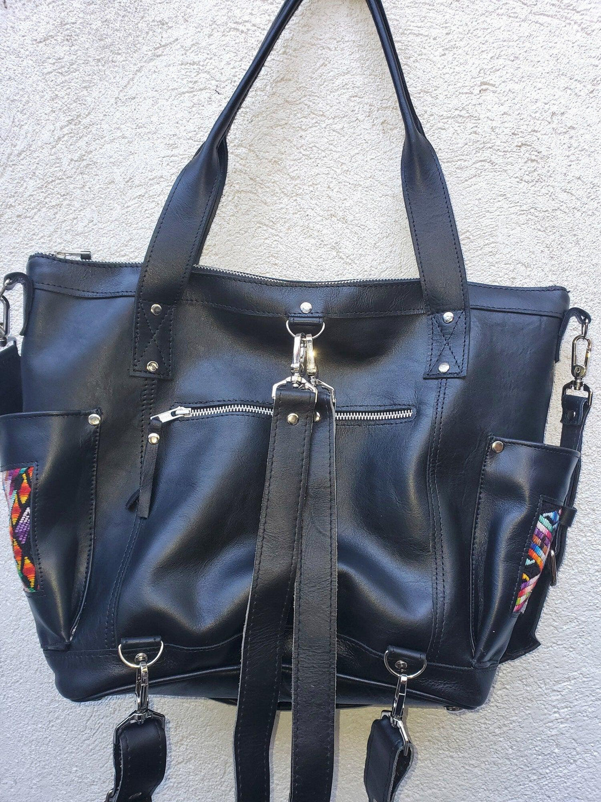 Matching set Convertible backpack crossbody day bag diaper wristlet purse strap genuine soft black leather huipil detail
