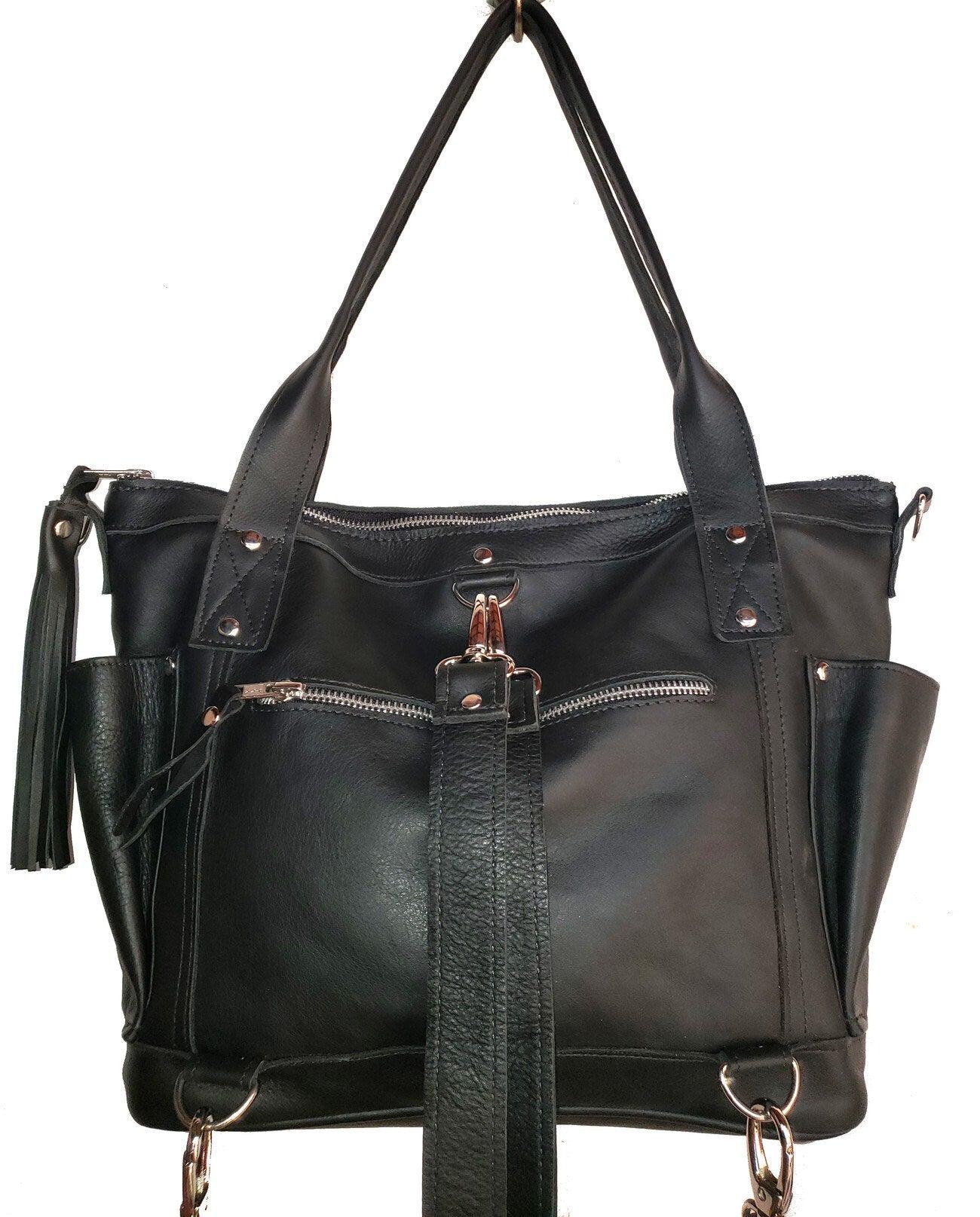 Huipil Pattern Black Genuine LEATHER CONVERTIBLE BACKPACK Bag - Aesthetic Full Grain Leather Handles cross body And Handbags