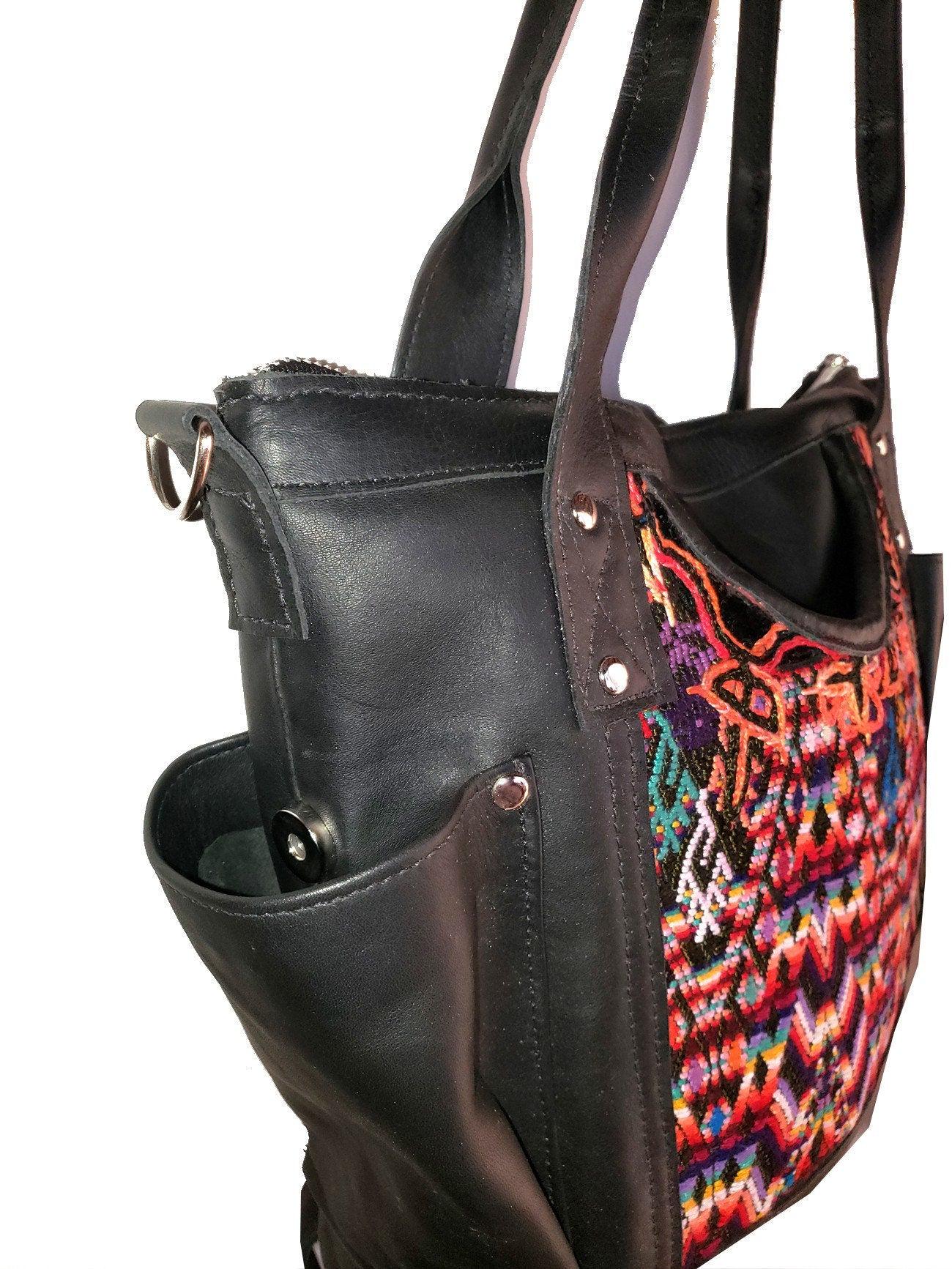 Huipil Pattern Black Genuine LEATHER CONVERTIBLE BACKPACK Bag - Aesthetic Full Grain Leather Handles cross body And Handbags