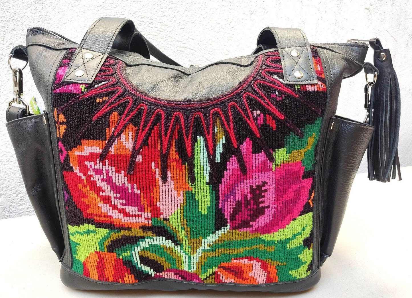 Huipil Pattern Black Genuine LEATHER CONVERTIBLE BACKPACK Bag - Aesthetic Full Grain Leather Handles cross body And Handbags