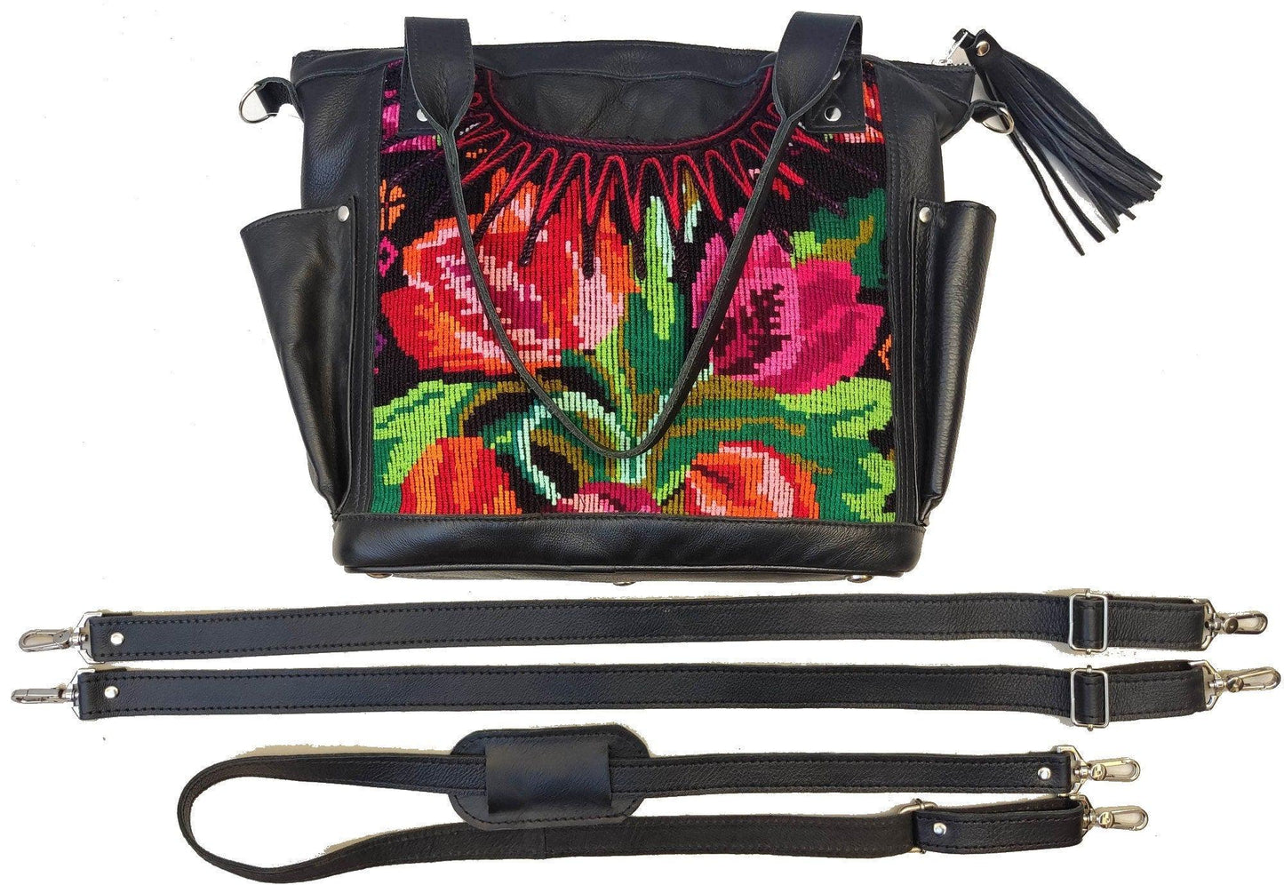 Huipil Pattern Black Genuine LEATHER CONVERTIBLE BACKPACK Bag - Aesthetic Full Grain Leather Handles cross body And Handbags