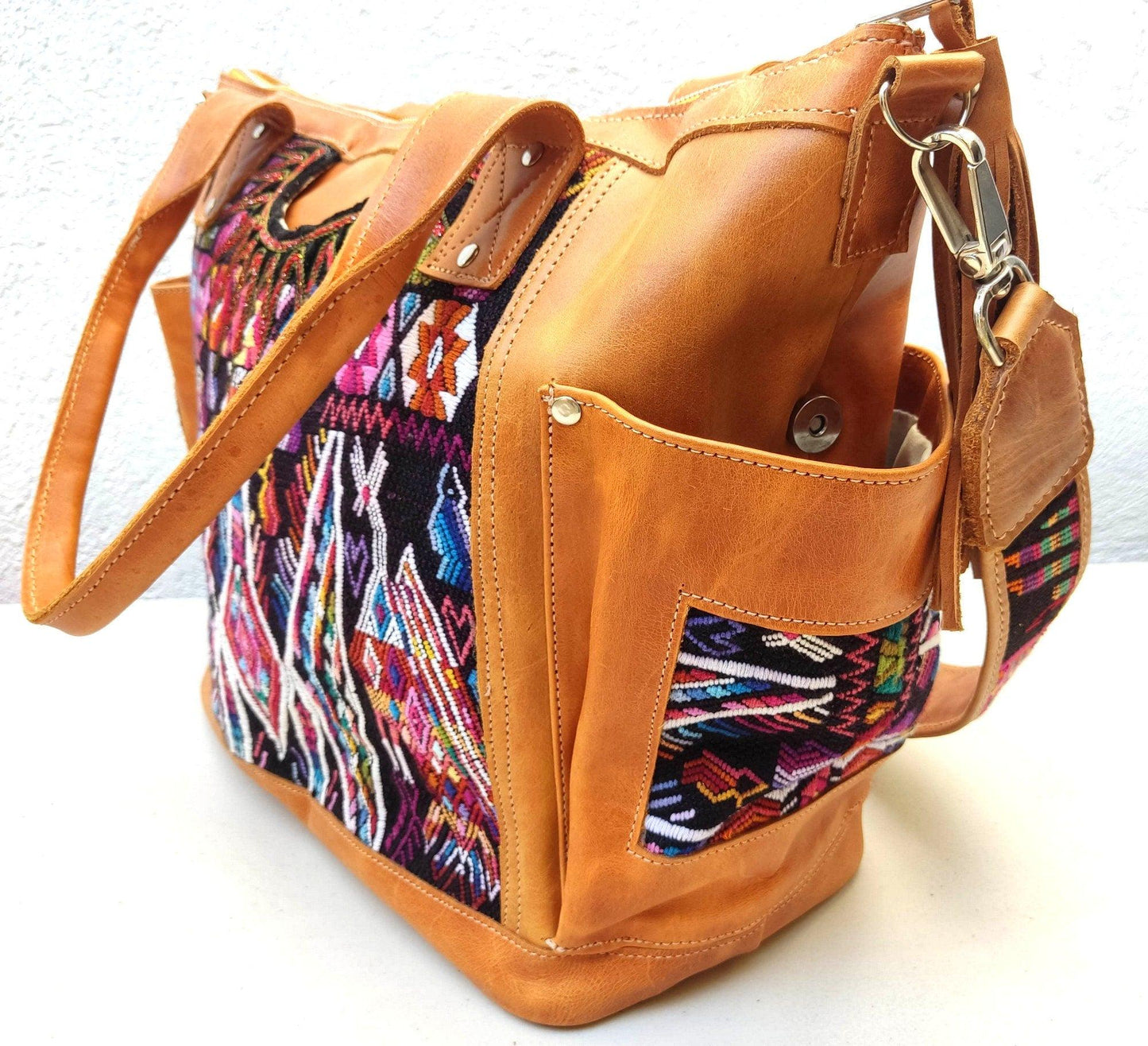 Huipil Pattern Brown Tan Genuine LEATHER CONVERTIBLE BACKPACK Bag - Aesthetic Full Grain Leather Handles cross body And Handbags