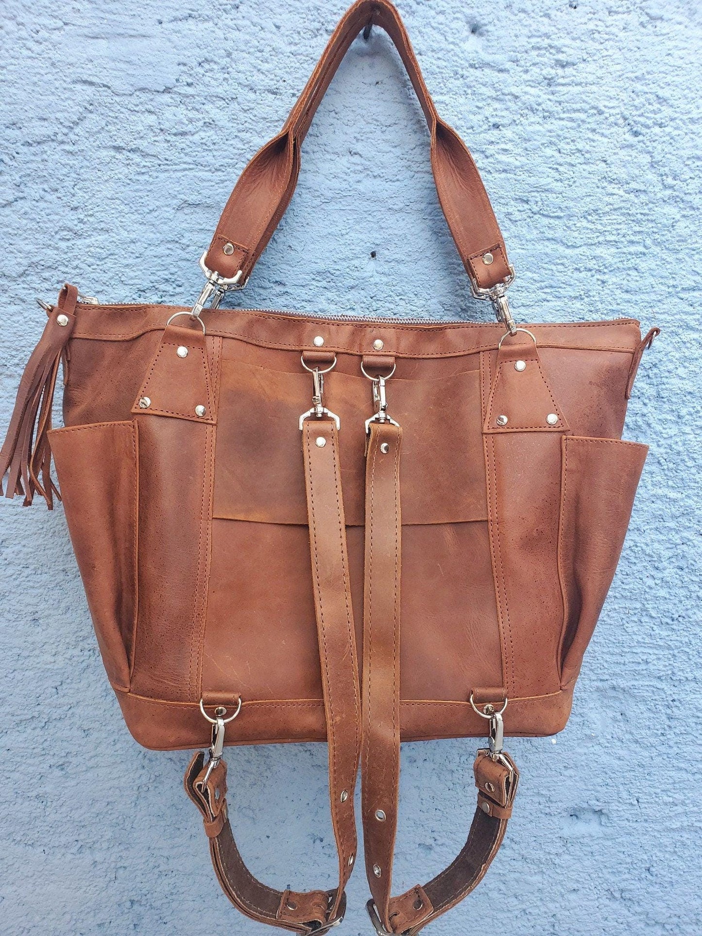 Aesthetic Genuine Leather DIAPER CONVERTIBLE BACKPACK Bag With Tassel - Full Grain Leather Handles Dark Brown Cross body Bag
