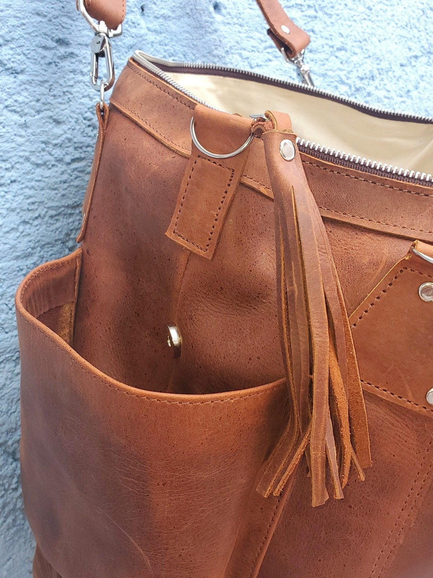 Aesthetic Genuine Leather DIAPER CONVERTIBLE BACKPACK Bag With Tassel - Full Grain Leather Handles Dark Brown Cross body Bag