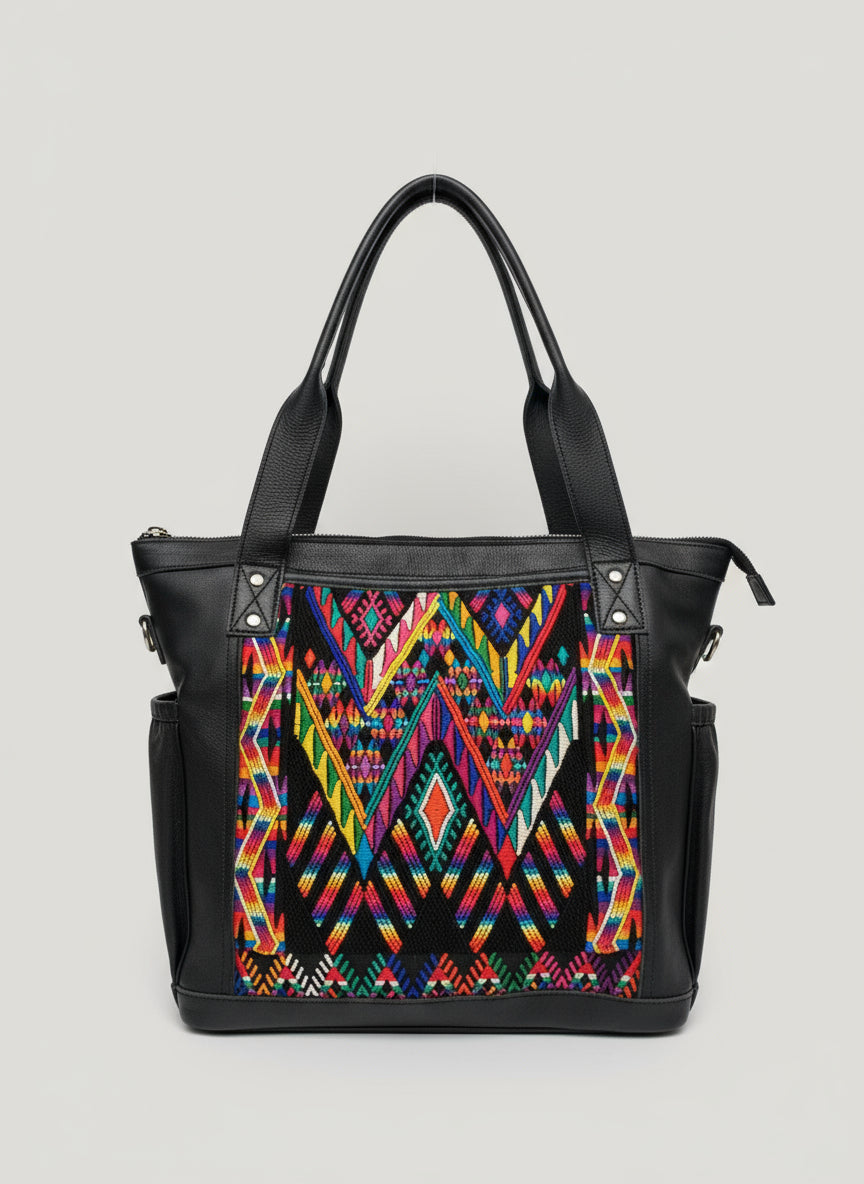 Huipil Pattern Black Genuine LEATHER CONVERTIBLE BACKPACK Bag - Aesthetic Full Grain Leather Handles cross body And Handbags