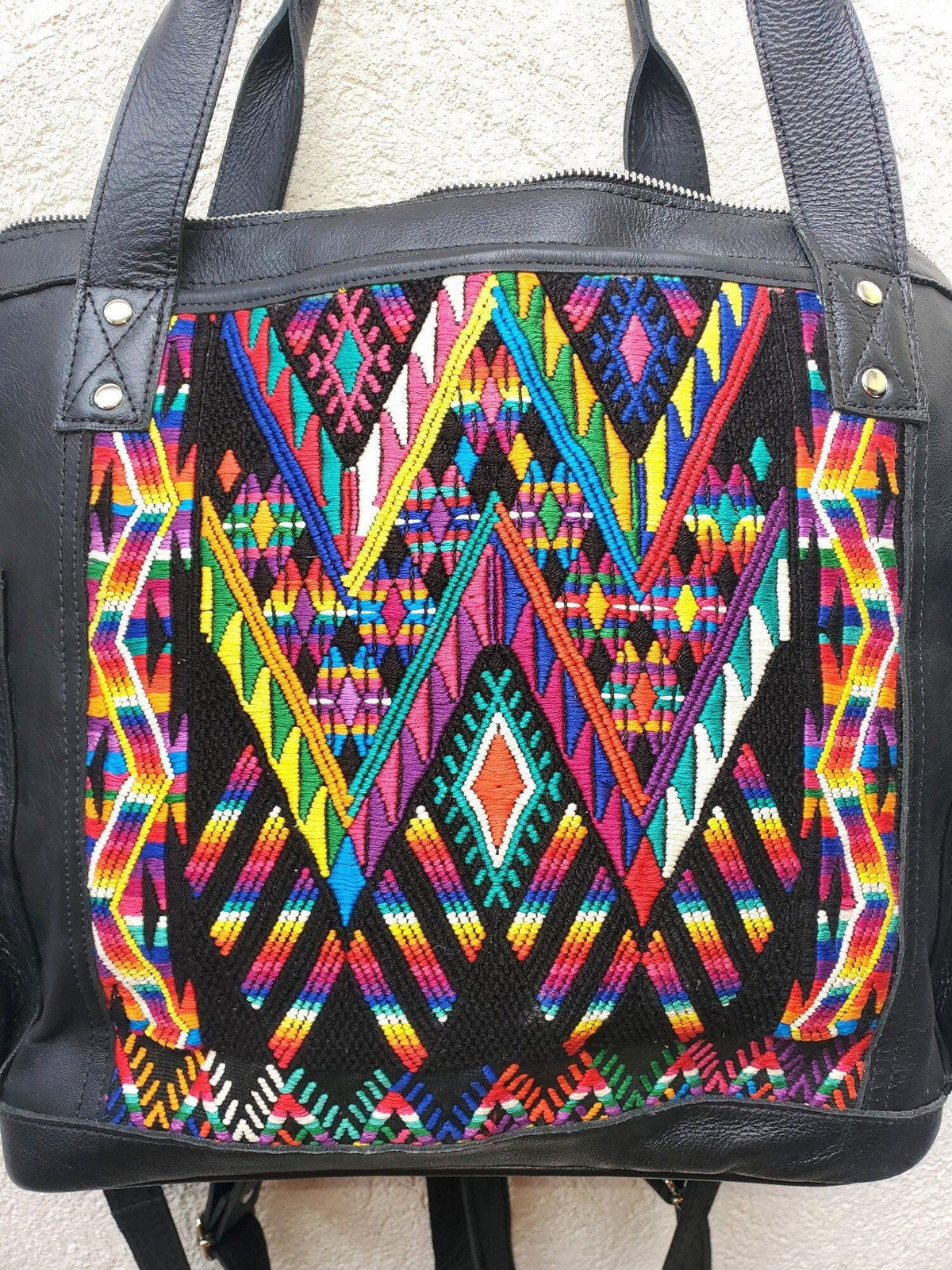 Huipil Pattern Black Genuine LEATHER CONVERTIBLE BACKPACK Bag - Aesthetic Full Grain Leather Handles cross body And Handbags