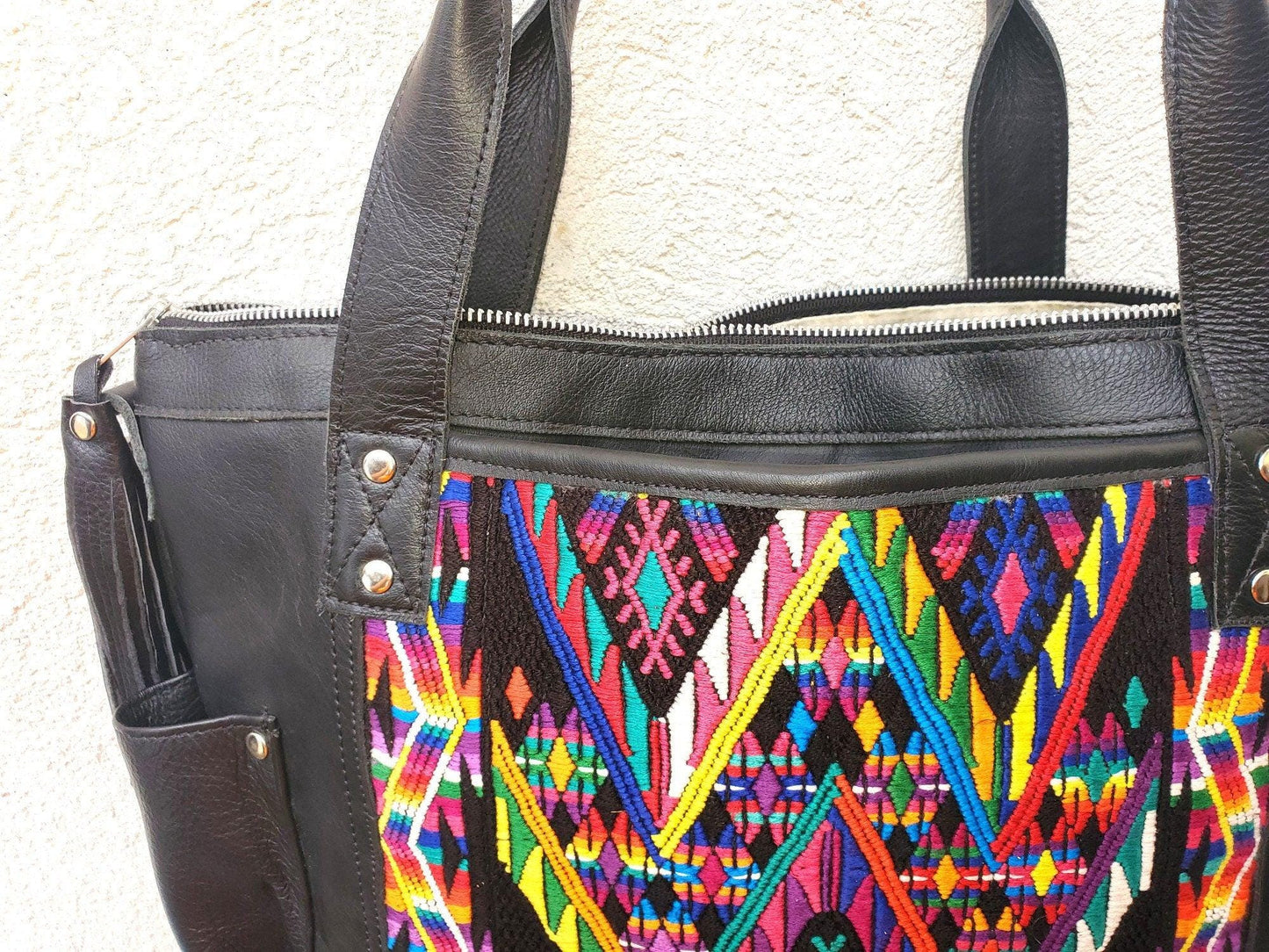 Huipil Pattern Black Genuine LEATHER CONVERTIBLE BACKPACK Bag - Aesthetic Full Grain Leather Handles cross body And Handbags