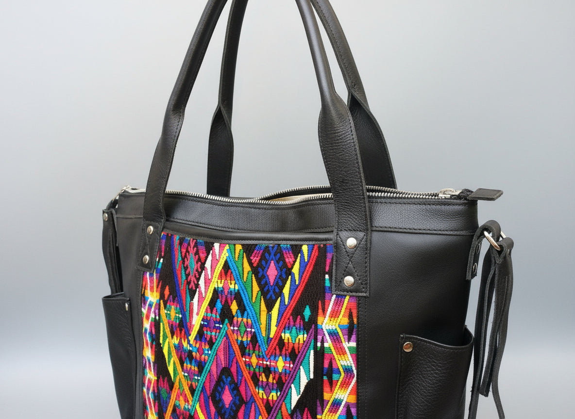 Huipil Pattern Black Genuine LEATHER CONVERTIBLE BACKPACK Bag - Aesthetic Full Grain Leather Handles cross body And Handbags