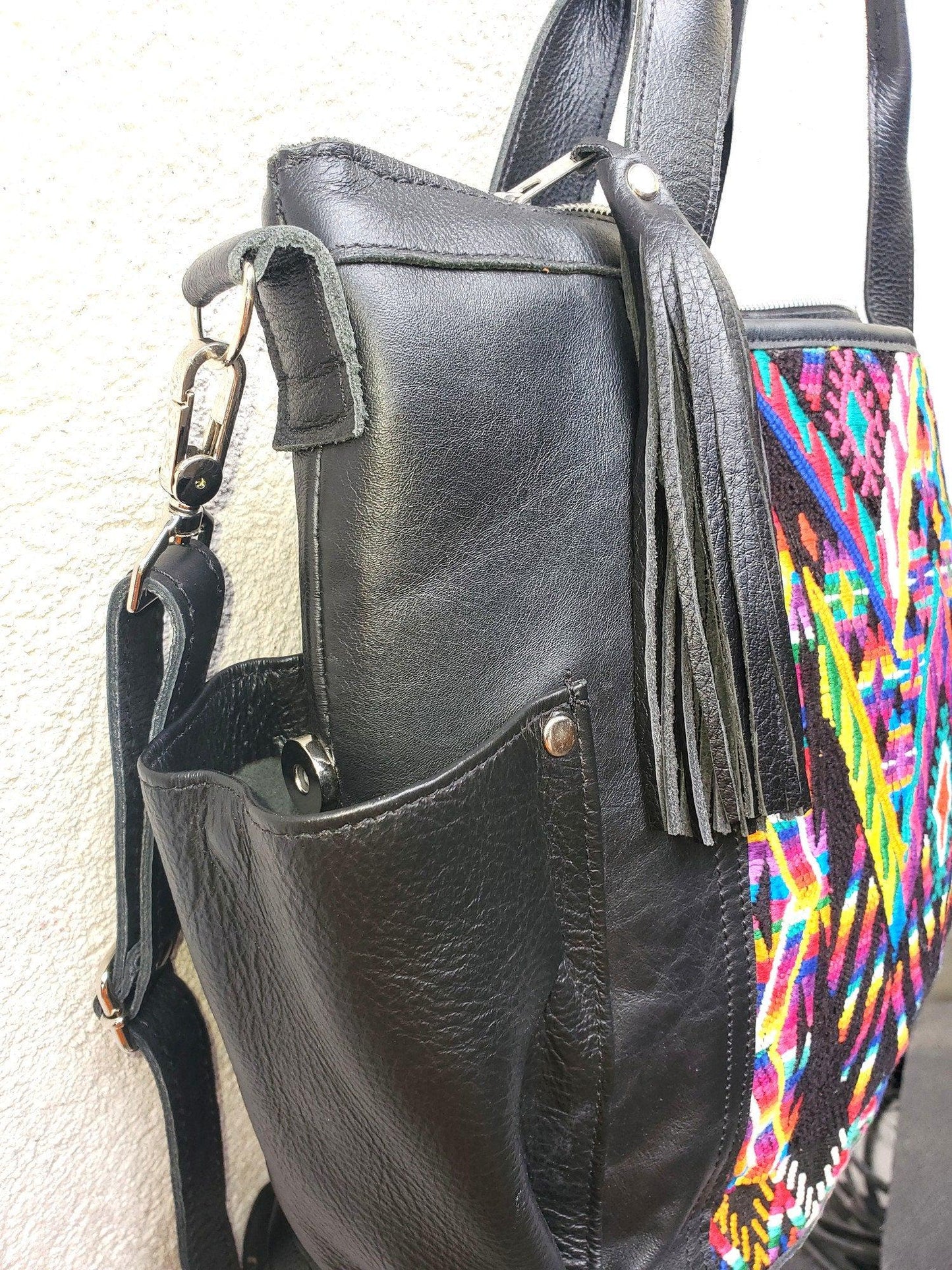 Huipil Pattern Black Genuine LEATHER CONVERTIBLE BACKPACK Bag - Aesthetic Full Grain Leather Handles cross body And Handbags