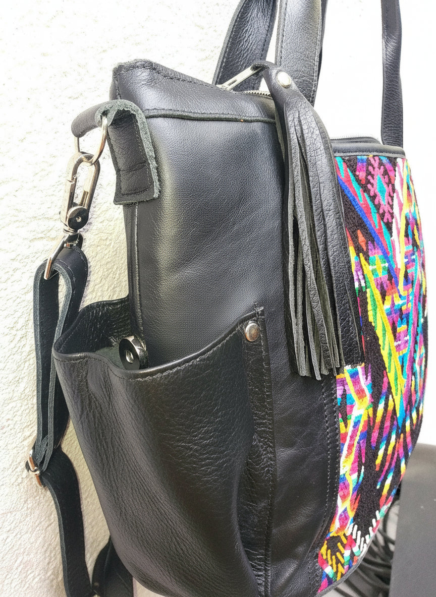Huipil Pattern Black Genuine LEATHER CONVERTIBLE BACKPACK Bag - Aesthetic Full Grain Leather Handles cross body And Handbags