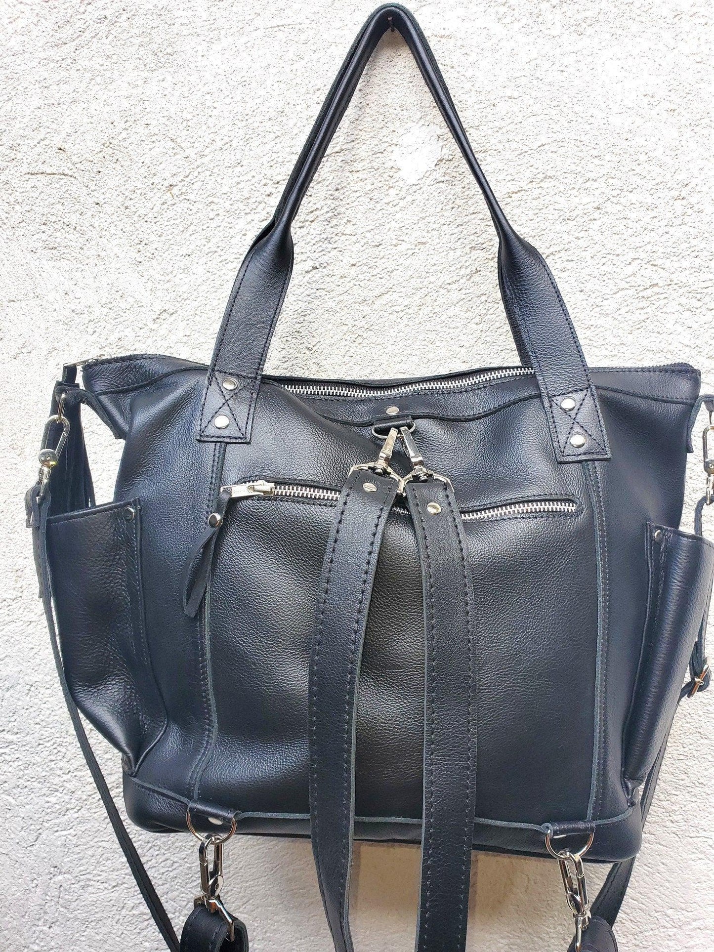 Huipil Pattern Black Genuine LEATHER CONVERTIBLE BACKPACK Bag - Aesthetic Full Grain Leather Handles cross body And Handbags