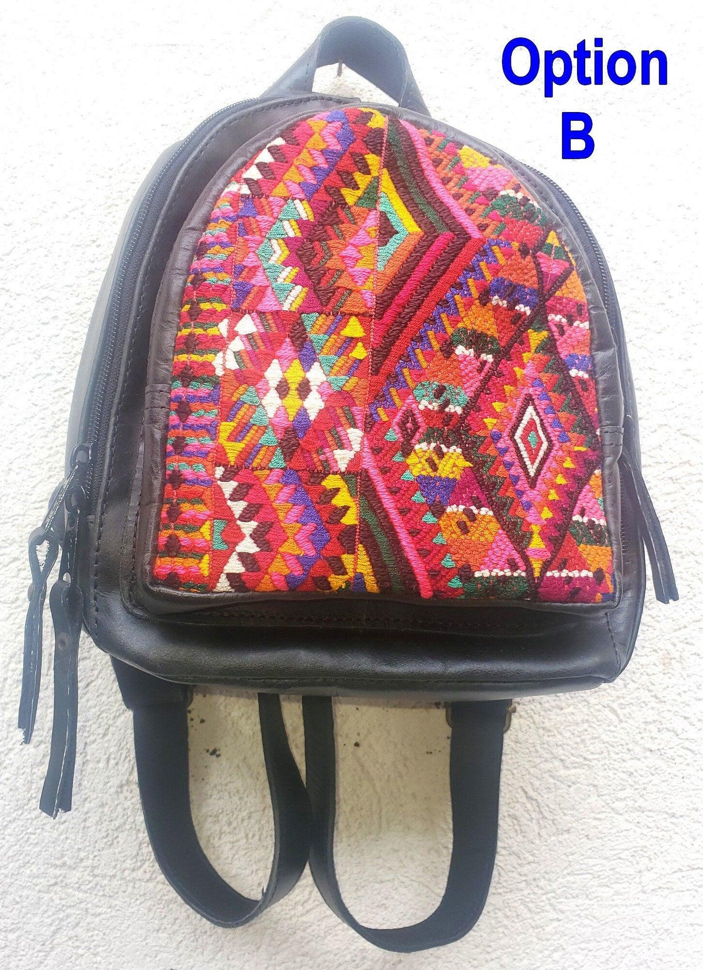 Huipil Pattern Tan Genuine LEATHER BACKPACK Bag - Aesthetic Grain Leather
