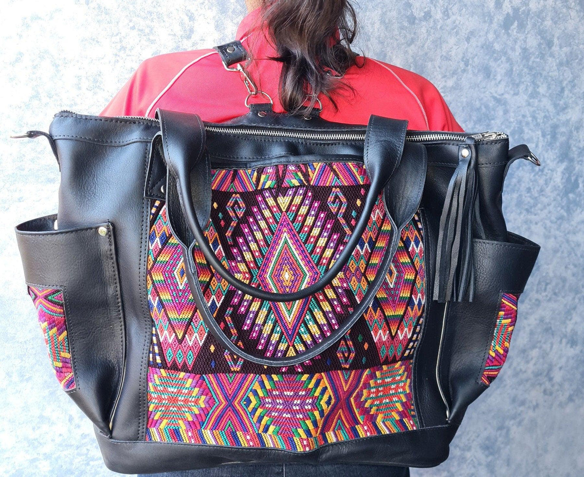 Custom Huipil Pattern Black Genuine LEATHER CONVERTIBLE BACKPACK Bag - Aesthetic Full Grain Leather Handles cross body And Handbags