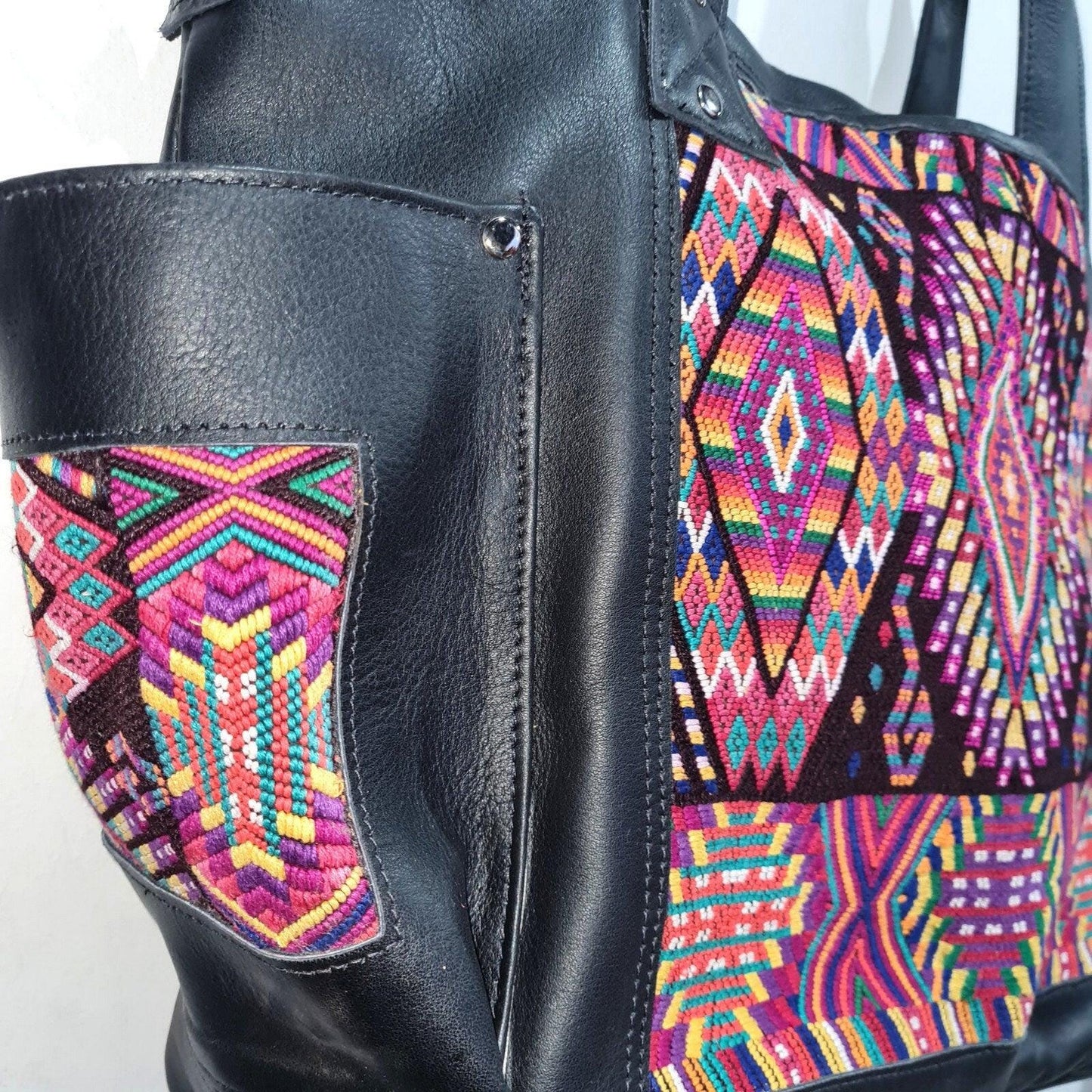 Custom Huipil Pattern Black Genuine LEATHER CONVERTIBLE BACKPACK Bag - Aesthetic Full Grain Leather Handles cross body And Handbags