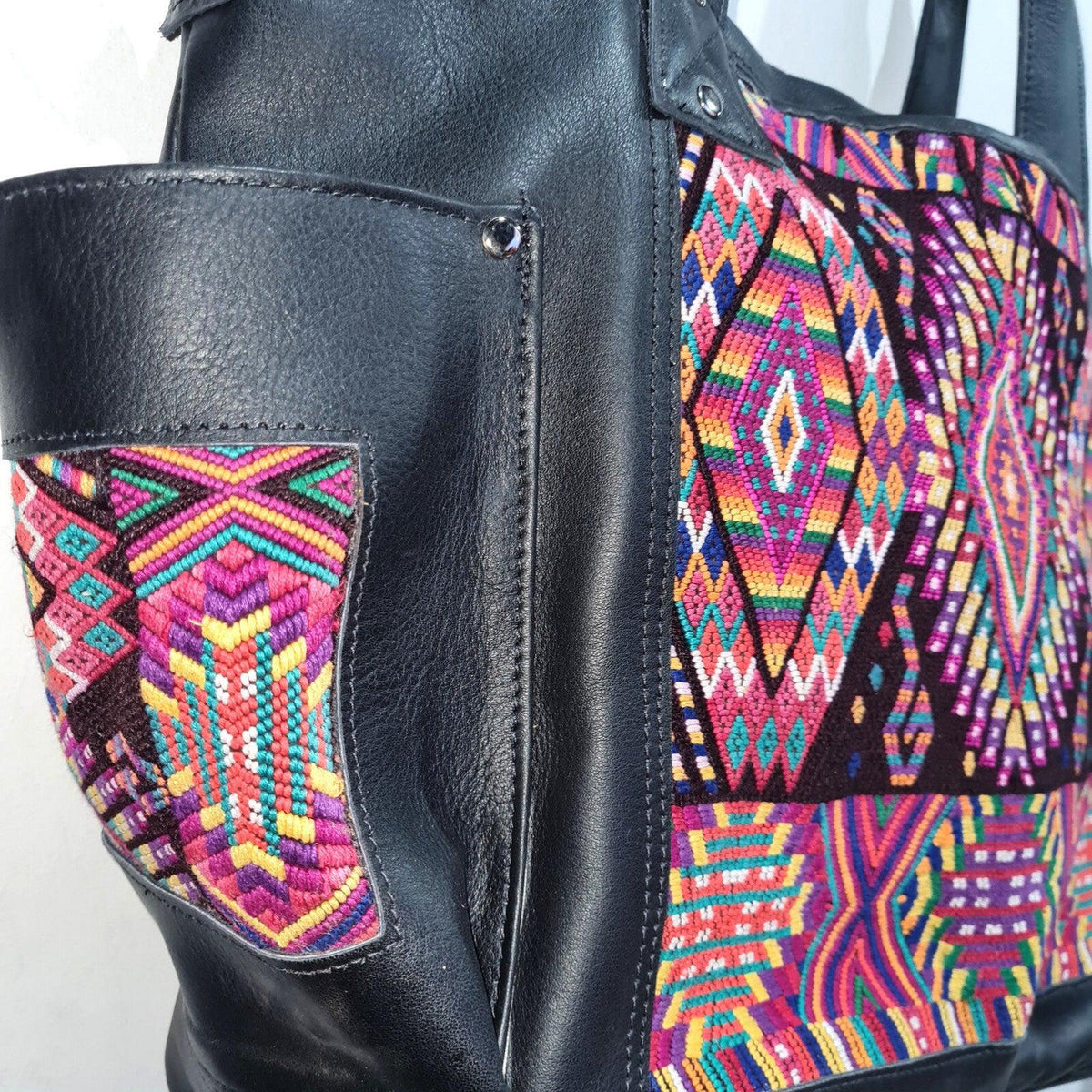 Custom Huipil Pattern Black Genuine LEATHER CONVERTIBLE BACKPACK Bag - Aesthetic Full Grain Leather Handles cross body And Handbags