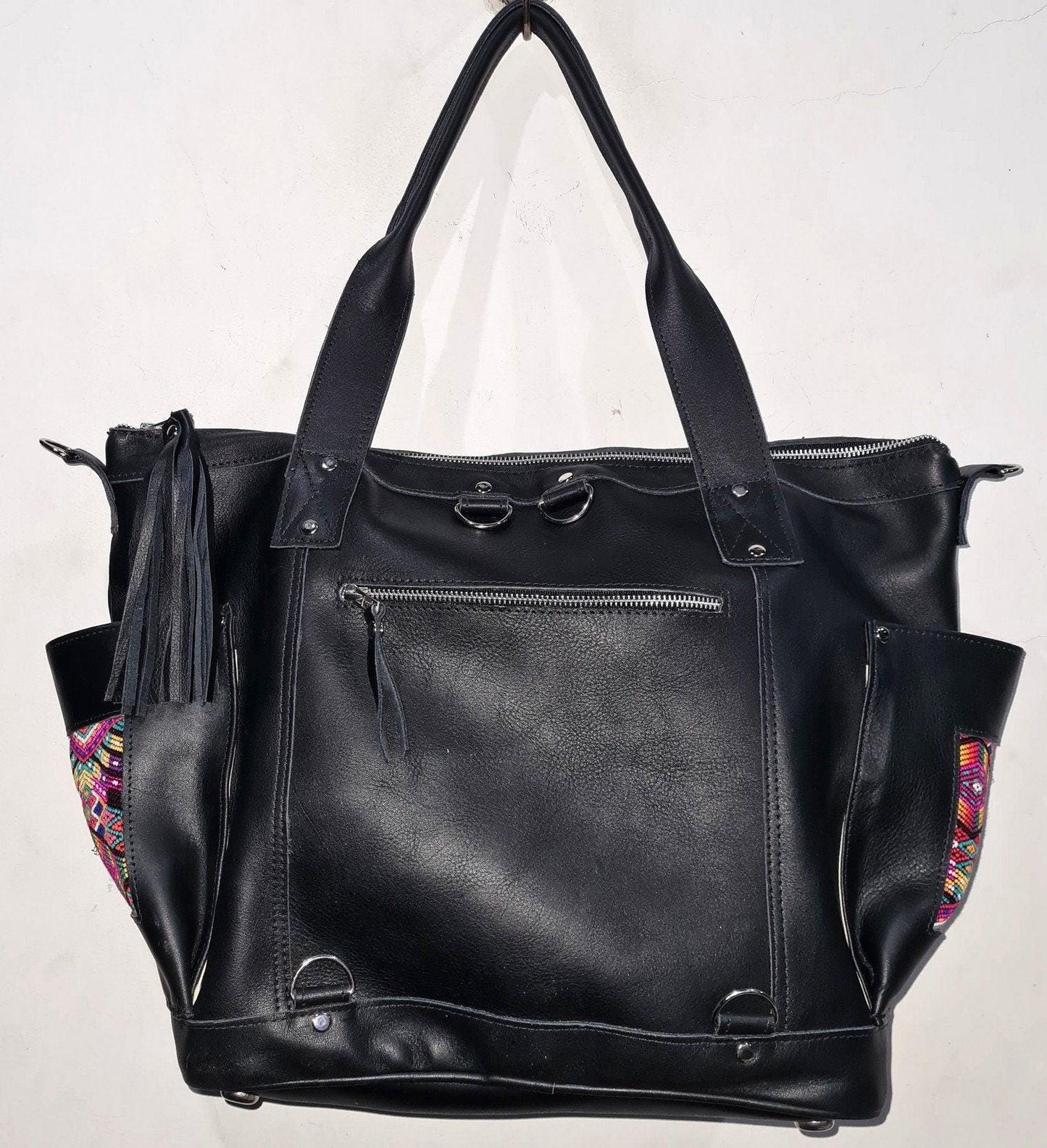 Custom Huipil Pattern Black Genuine LEATHER CONVERTIBLE BACKPACK Bag - Aesthetic Full Grain Leather Handles cross body And Handbags