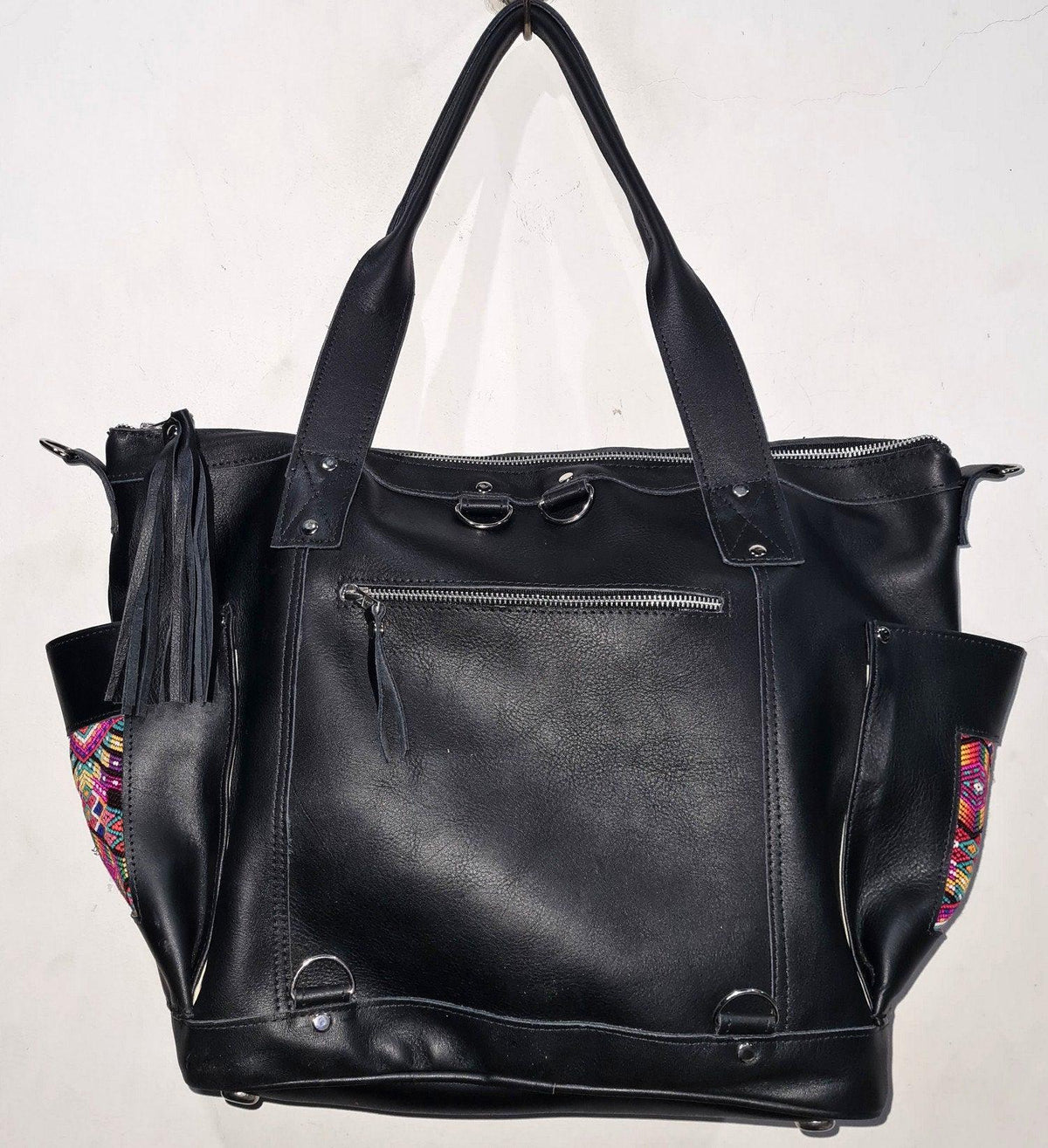 Custom Huipil Pattern Black Genuine LEATHER CONVERTIBLE BACKPACK Bag - Aesthetic Full Grain Leather Handles cross body And Handbags