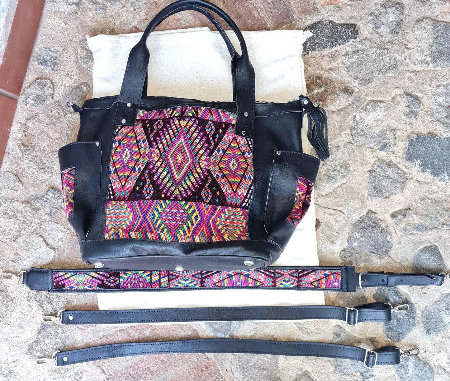 Custom Huipil Pattern Black Genuine LEATHER CONVERTIBLE BACKPACK Bag - Aesthetic Full Grain Leather Handles cross body And Handbags