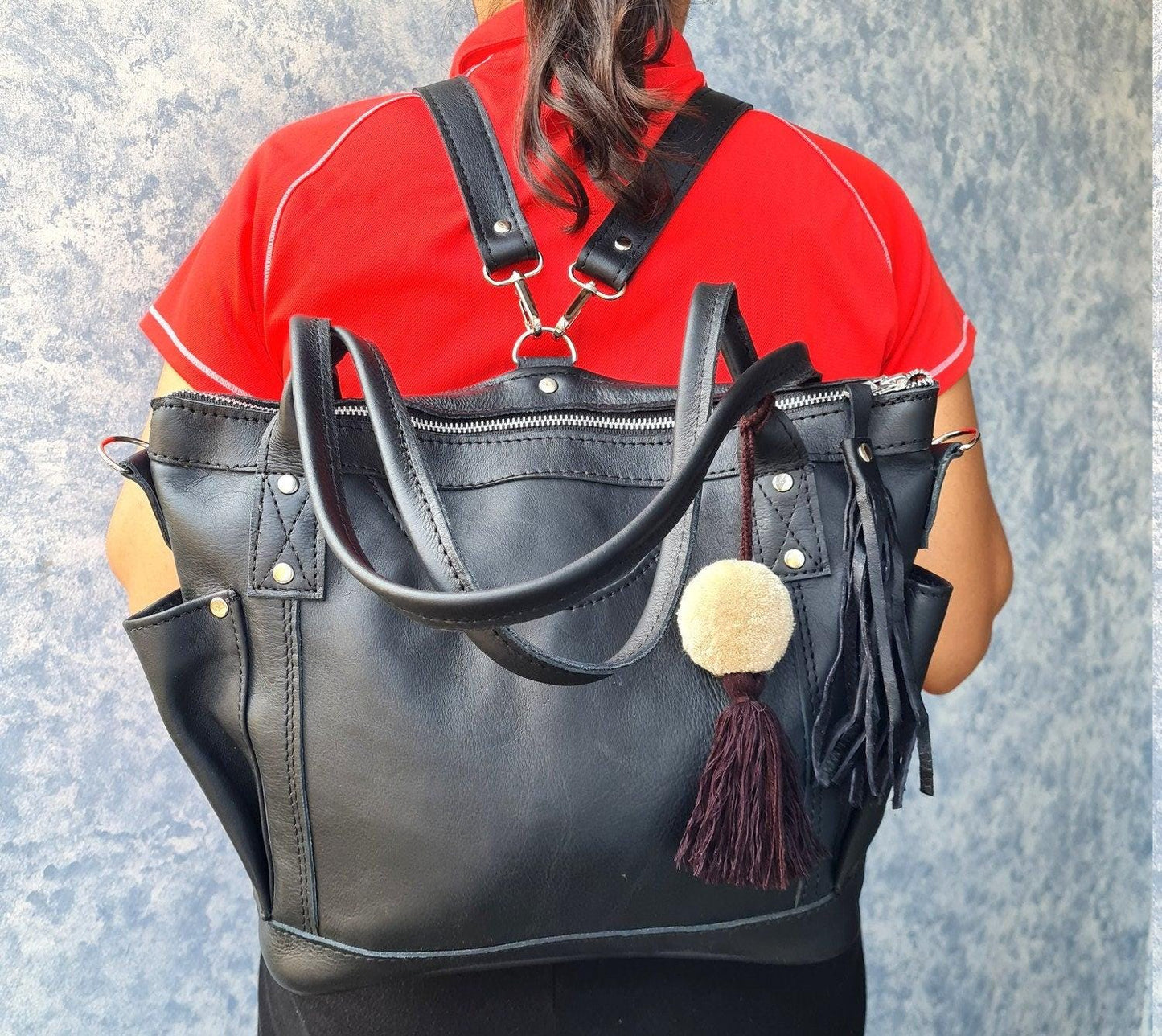 Black Genuine LEATHER CONVERTIBLE BACKPACK Bag - Aesthetic Full Grain Leather Handles cross body And Handbags